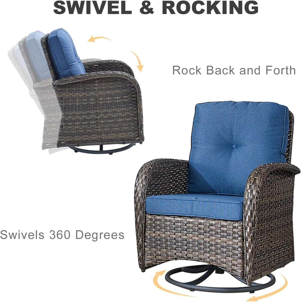 HUMMUH 6 Piece Wicker Patio Set, Swivel Rockers & Glider, Brown/Blue
