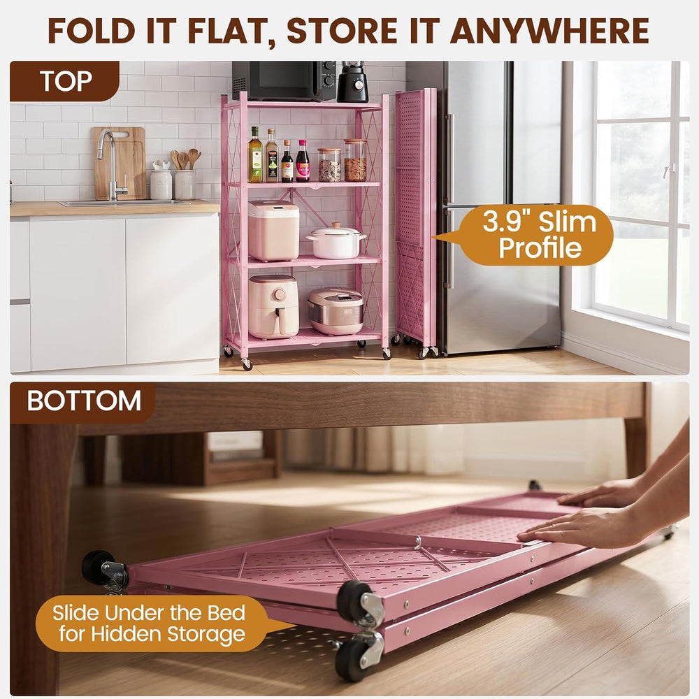ALANNG 4 Tier Folding Shelf with Wheels, No Assembly Metal Storage Rack