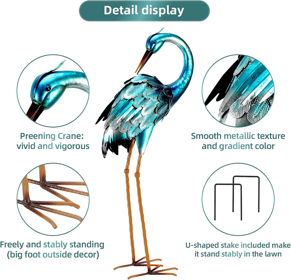 chisheen Crane Garden Statues, Metal Garden Crane Outdoor, Blue Heron Sculptu...