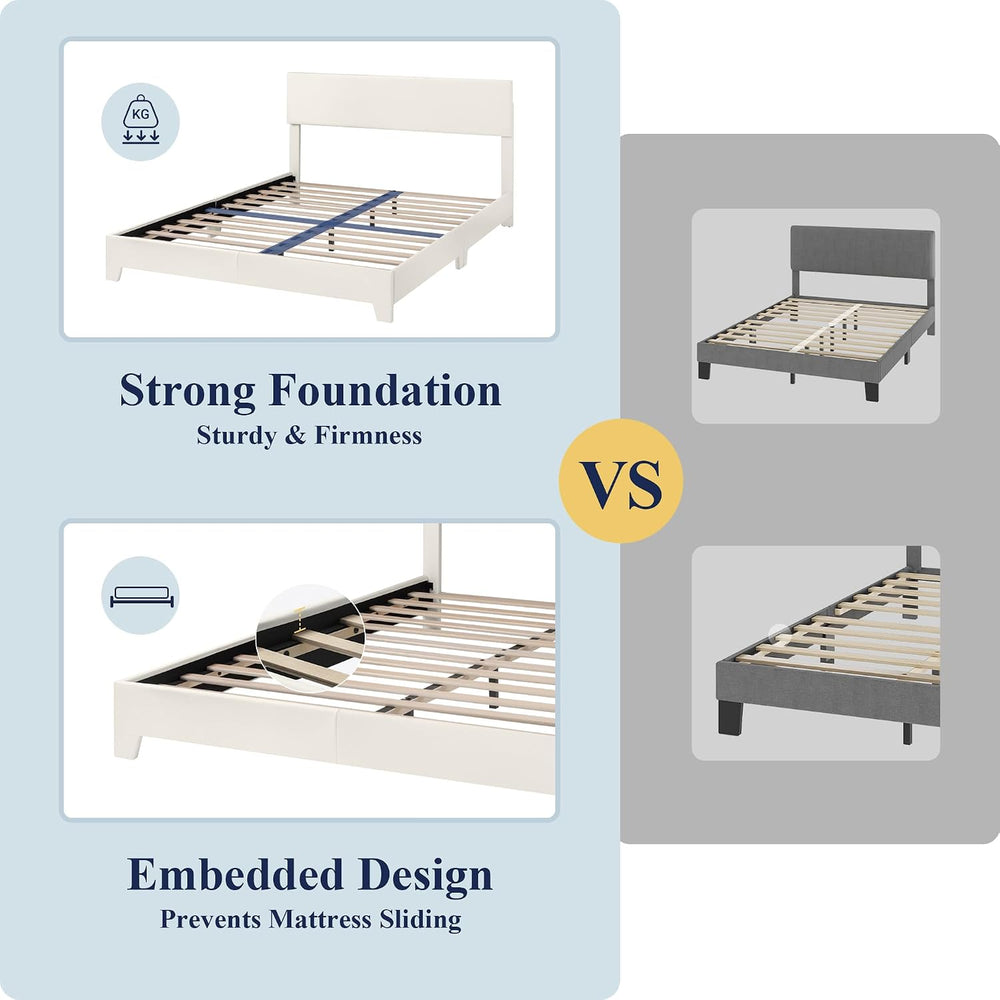 Allewie Full Size Upholstered Bed Frame Adjustable Headboard, White