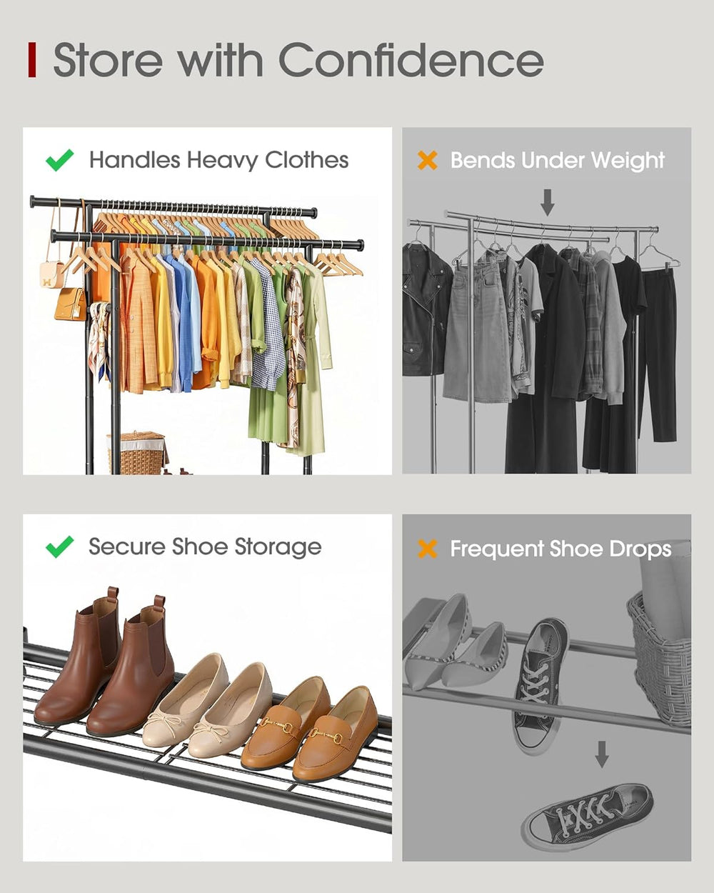 Sakugi Rolling Double Rod Clothes Rack with Shelf, 39" x 17" x 60&q...
