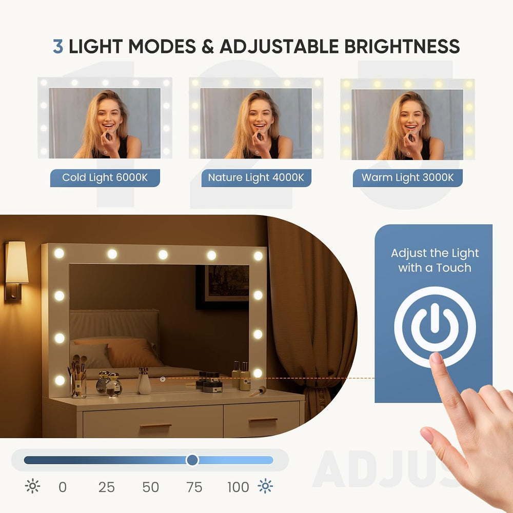 DUMOS Makeup Vanity Desk with Mirror and Lights, Charging Station