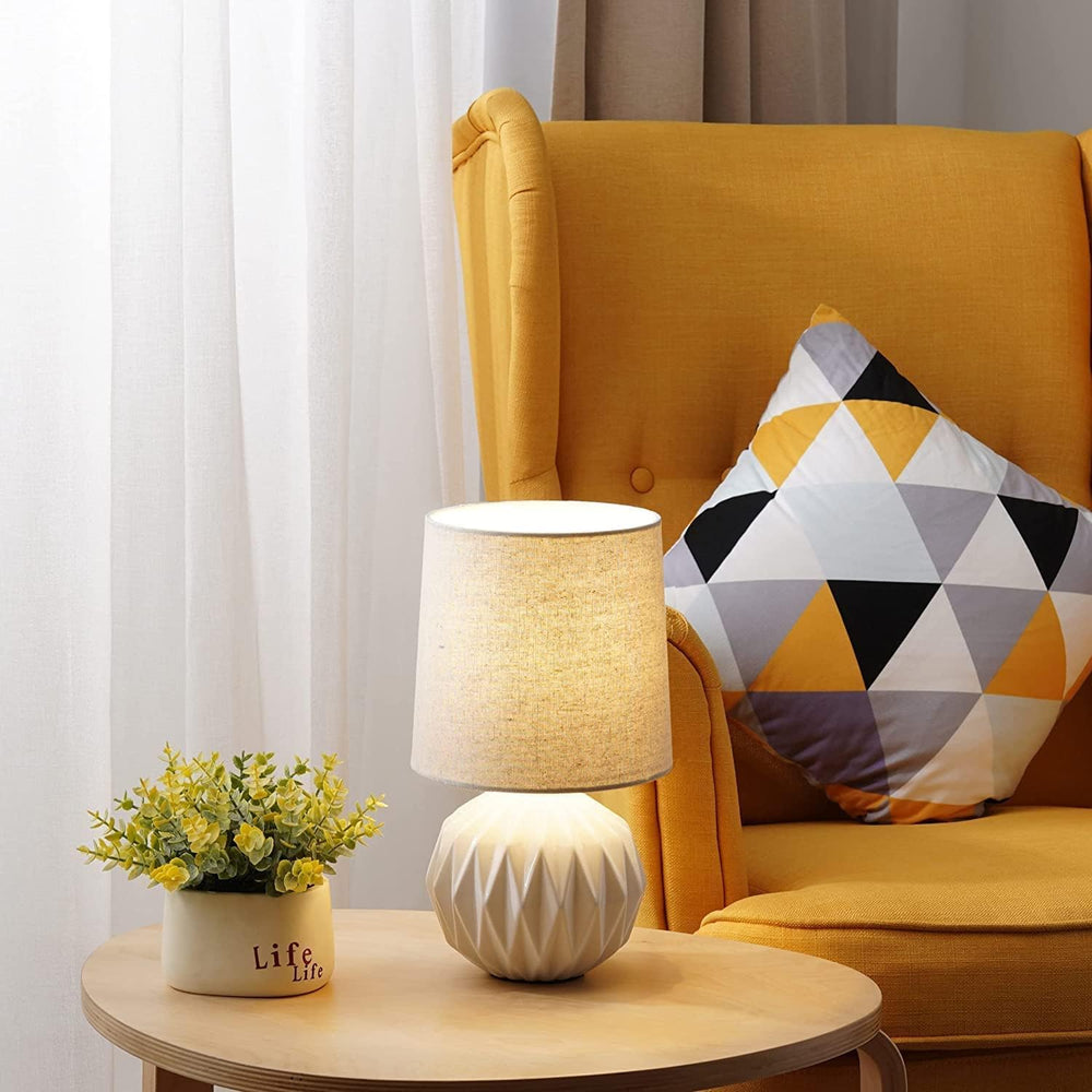 White Ceramic Table Lamp, Geometric Textured Small Bedside Lamp with Linen Sh...