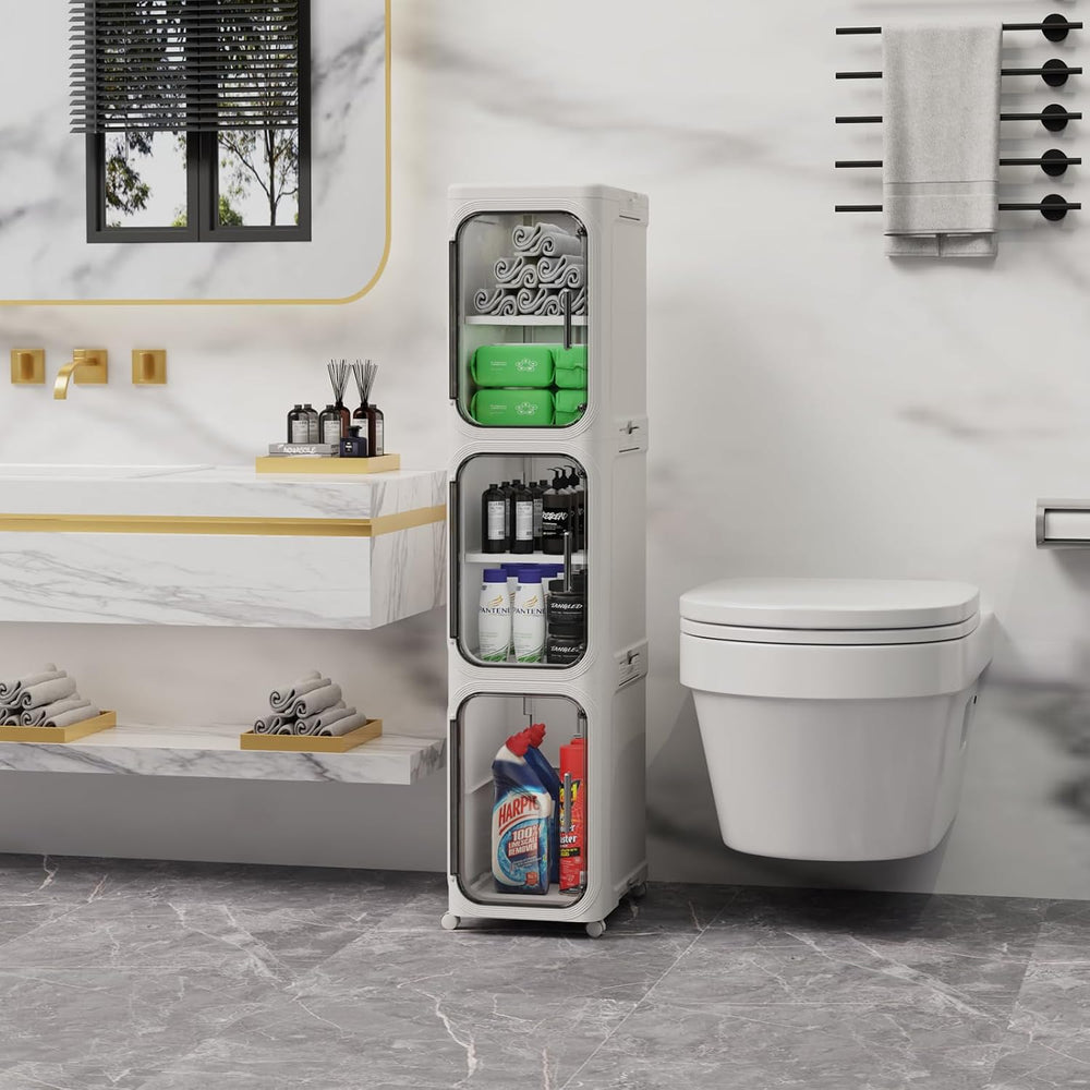 Narrow Bathroom Storage Cabinet, Adjustable Shelf Foldable Wheeled White 3T