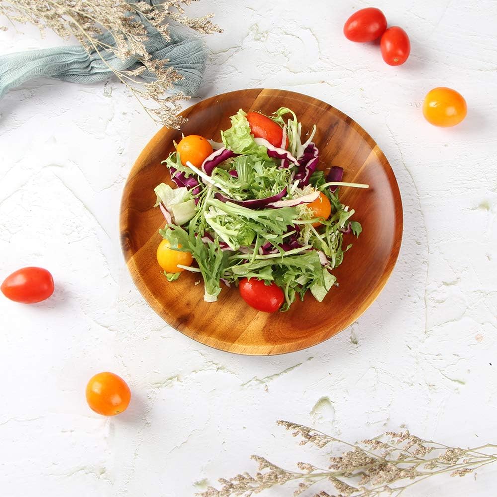 AIDEA Acacia Wood Dinner Plates, 8 Inch Round Wood Plates Set of 4, Easy Clea...