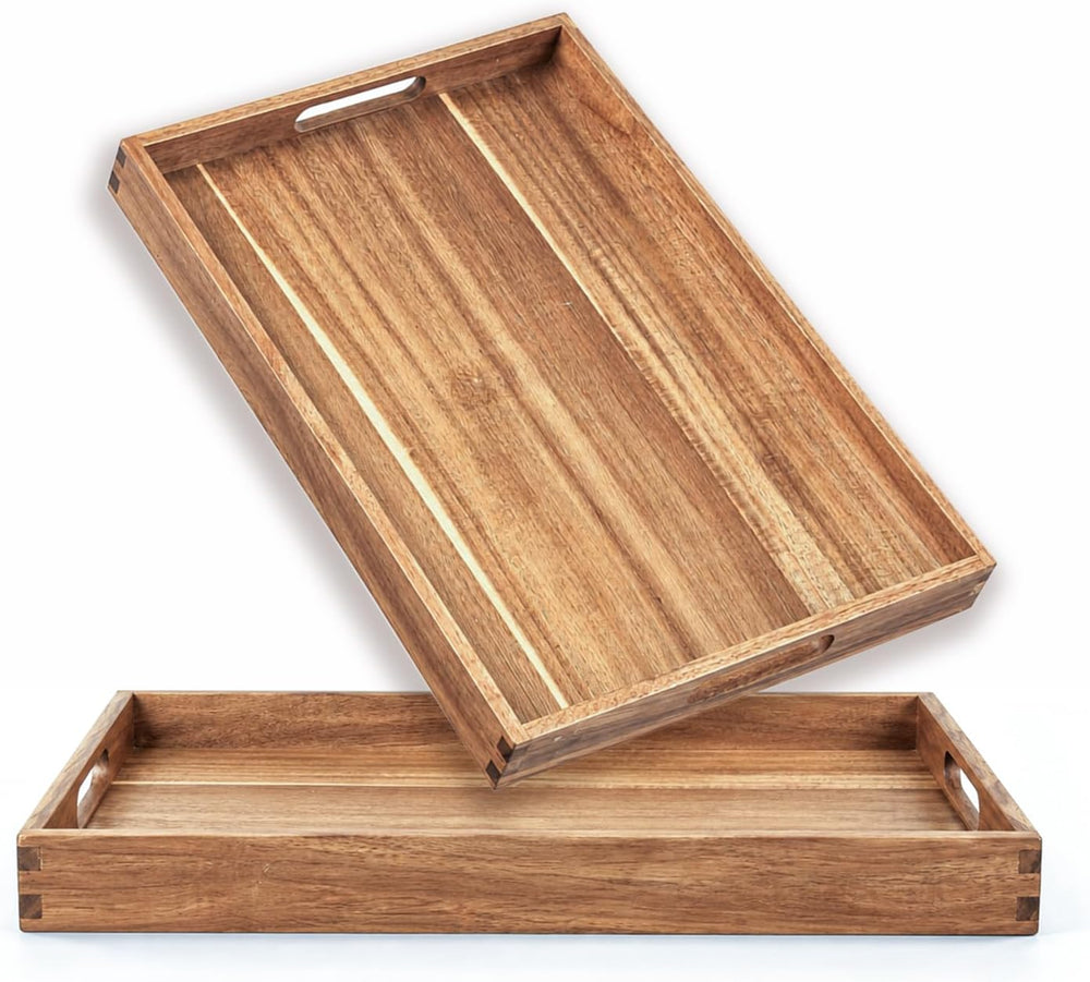 Solidith Acacia Wood Serving Tray with Handles Set of 2 for Serving Food