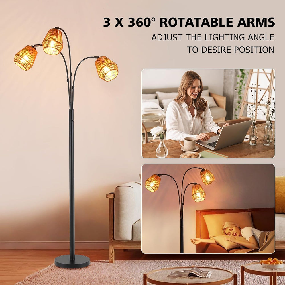9MMML Vintage Black Arc Floor Lamp with Rotatable Arms & Rattan Lampshade...