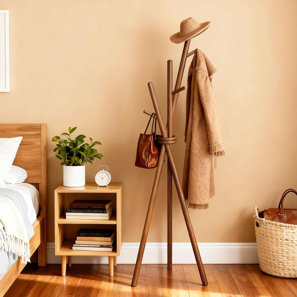 VICITON Wooden Coat Rack, Tripod Coat Tree Freestanding with 3 Hooks for Clot...