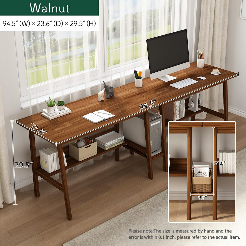 NELYE 2 Person Desk with Storage Bookshelf, 94” x 24” in, Walnut