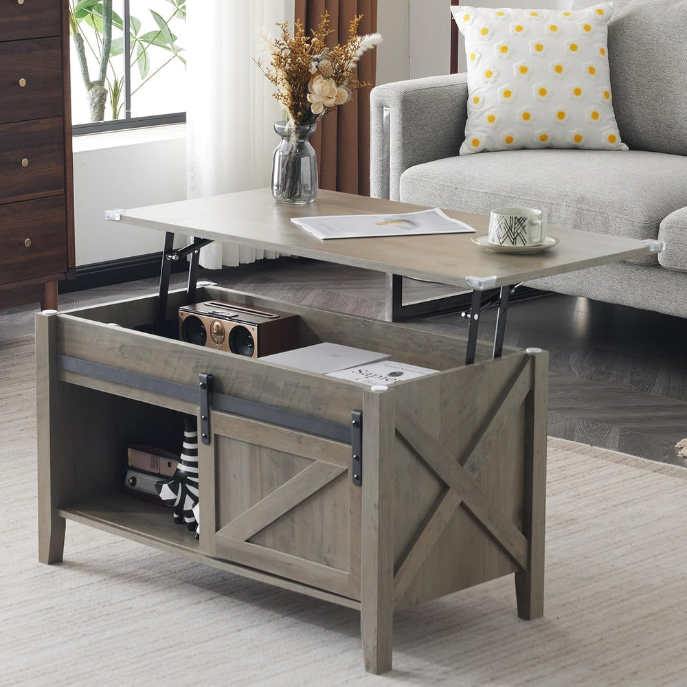 VINGLI 36" Farmhouse Lift Top Coffee Table with Hidden Storage, Open Shelf