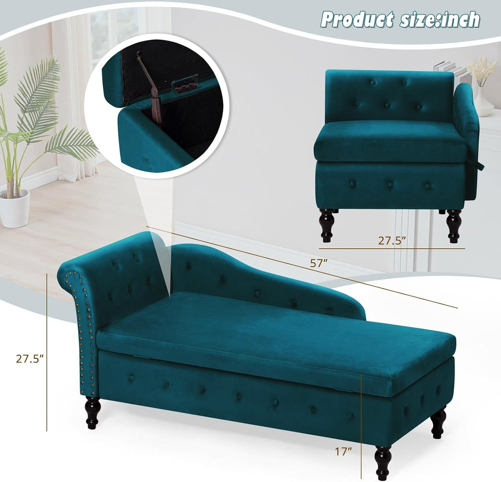 Velvet Chaise Lounge w/Left Armrest & Storage Space, Teal