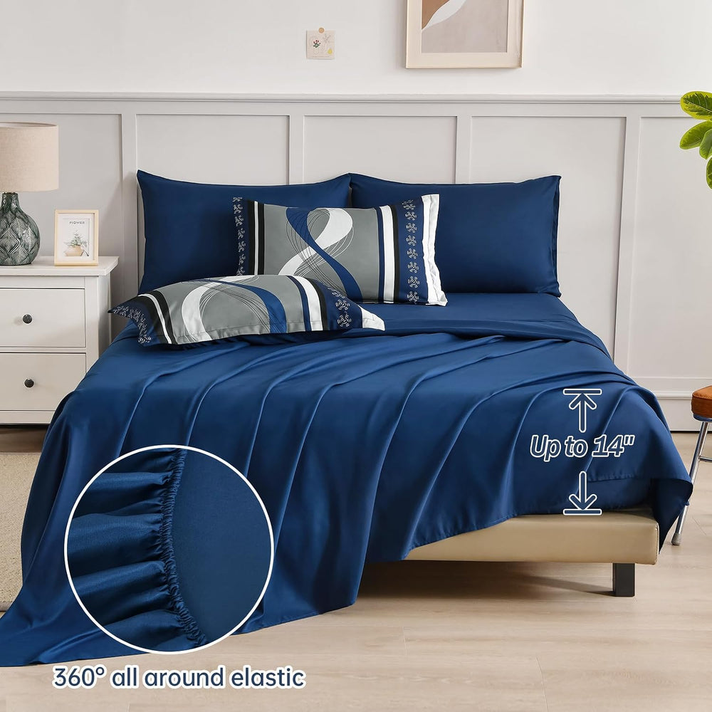 Anibedding King Size Comforter Set,Navy Blue Boho Bed in a Bag