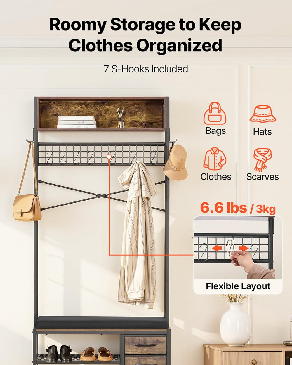 VEVOR Hall Tree with Bench and Shoe Storage, Entryway Bench with Coat Rack, 3...