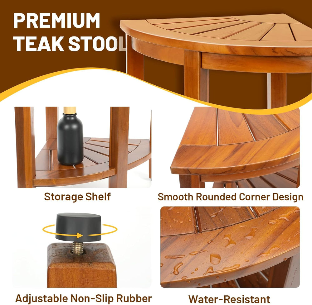 18" Premium Teak Corner Shower Bench with Shelf, Solid Teak Shower Stool...