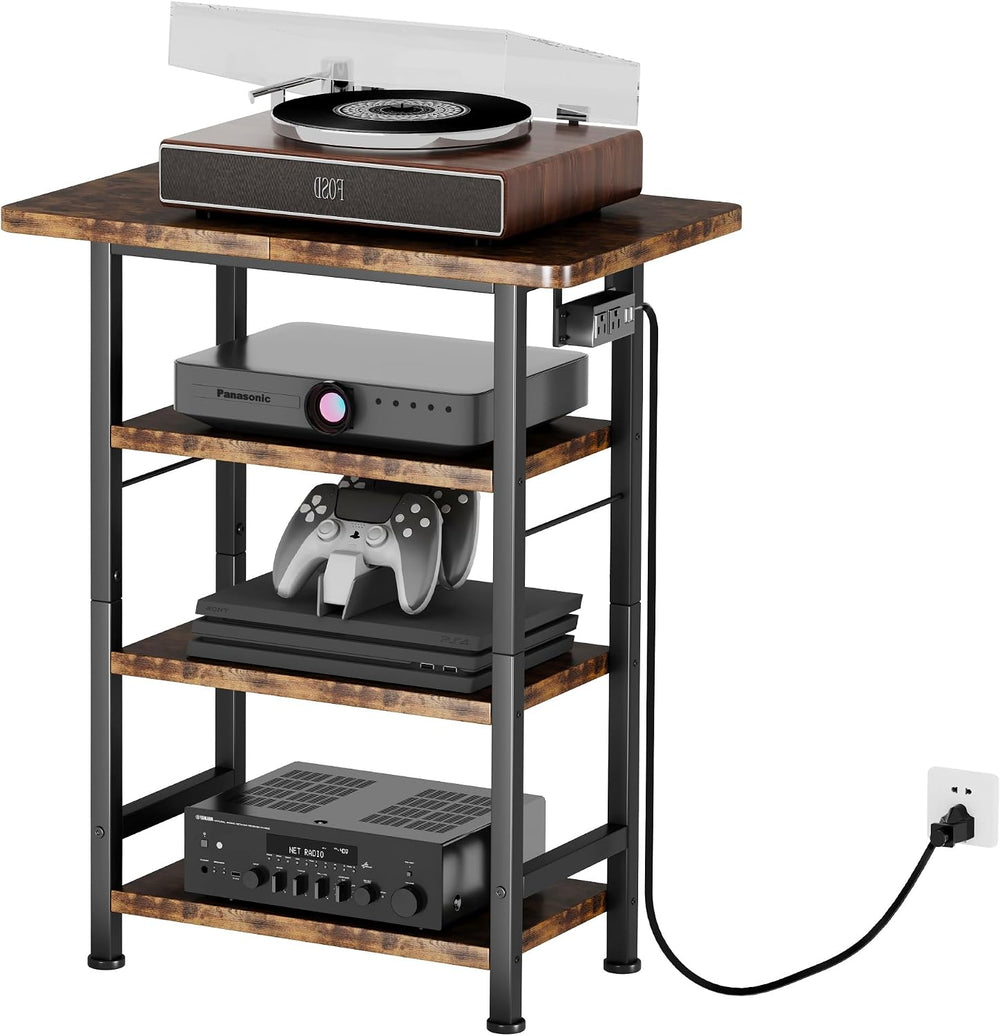 Homeiju 4-Tier AV Media Stand with Power Outlet, Wooden Record Player Stand, ...