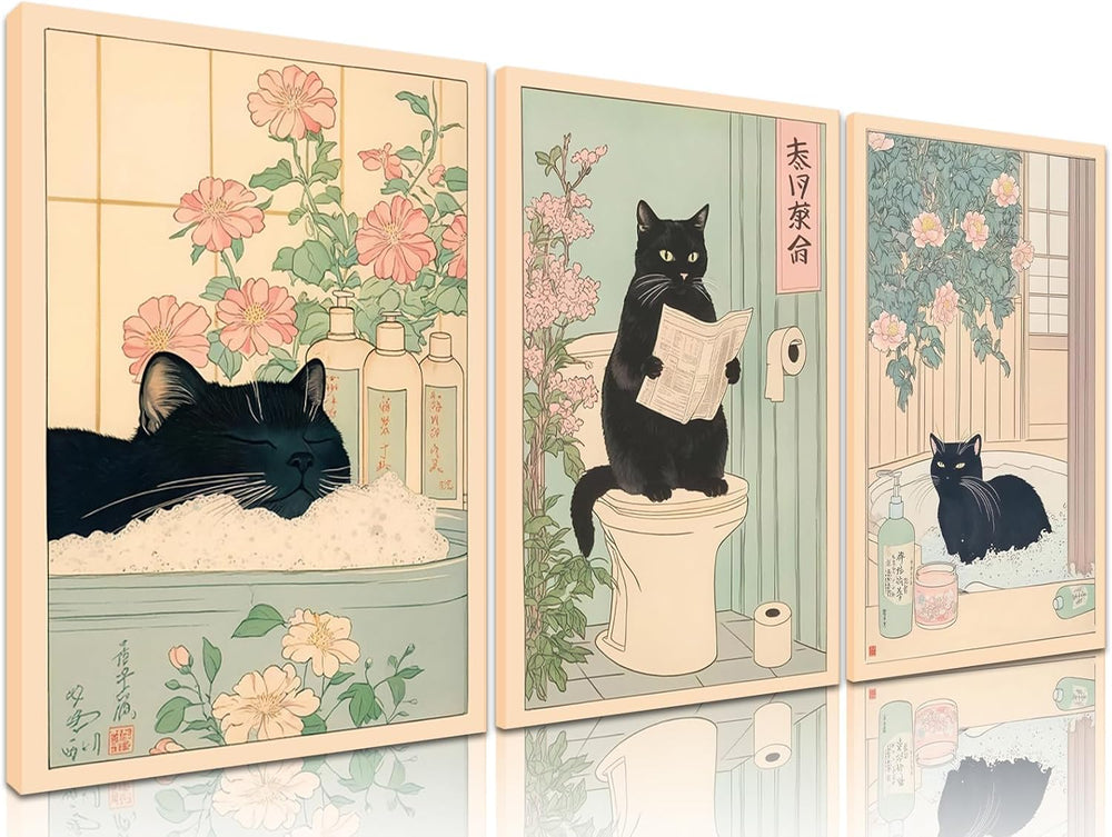 Funny Bathroom Canvas Wall Art Set of 3, Japanese Funny Black Cat Wall Decor ...