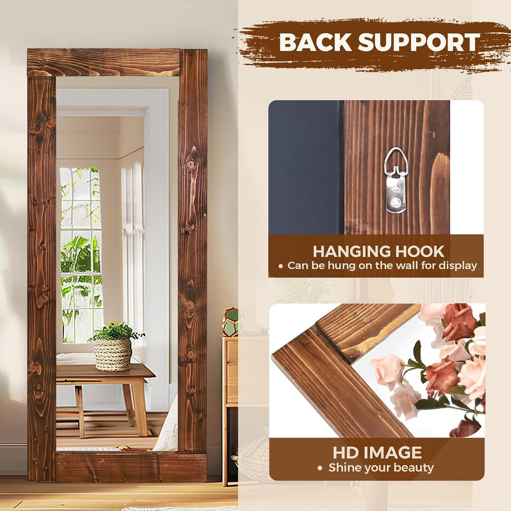 58x24in Full Length Mirror, Solid Wood Convex Frame, Brown