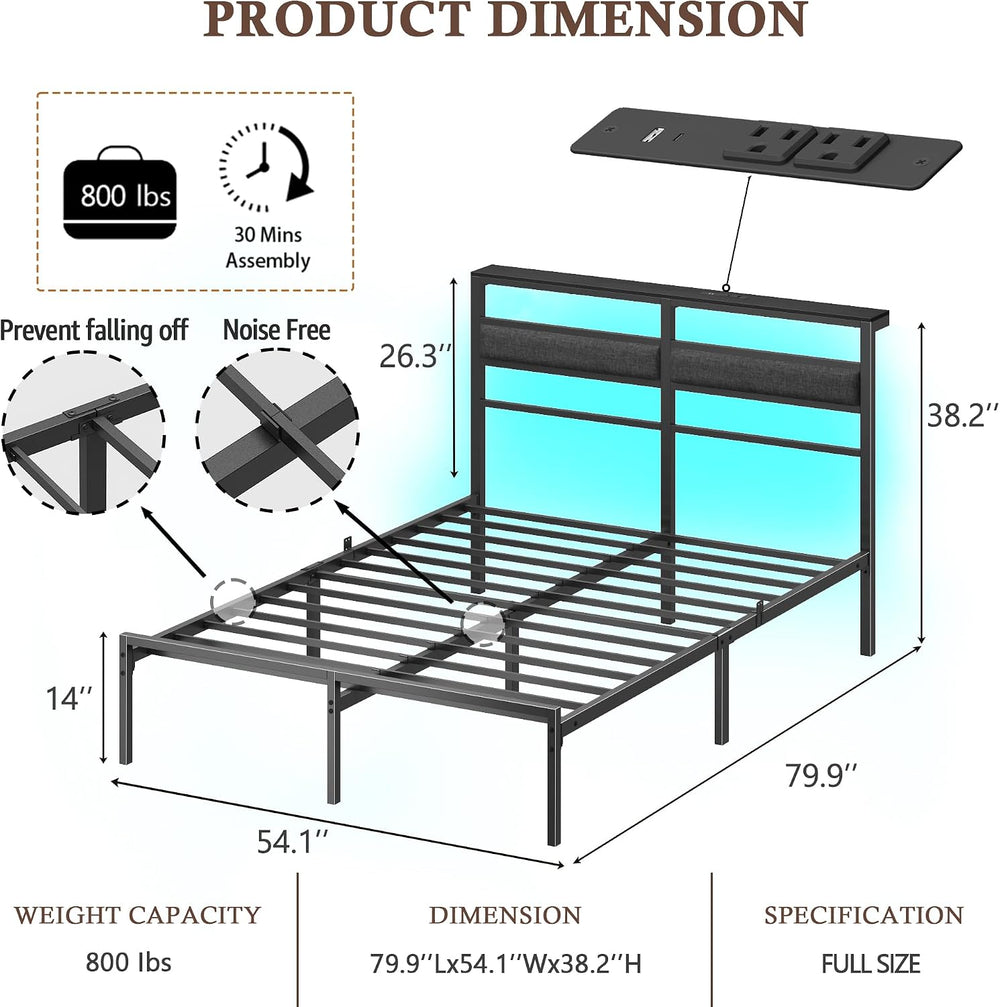 OURPIC Full Size Bed Frame with LED Lights & Charging, Black Platform Bed