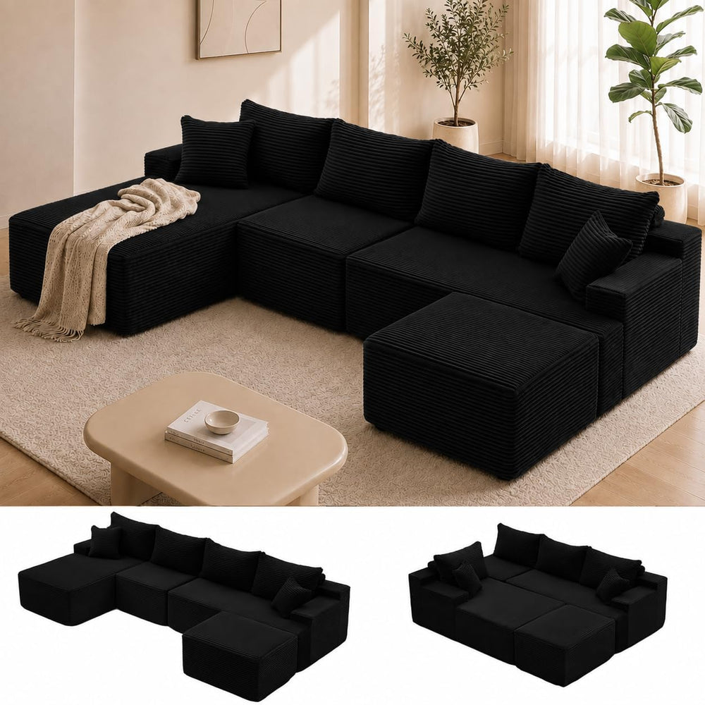 Mangodan 118'' Boneless Couch, U Shaped Couches for Living Room, Black