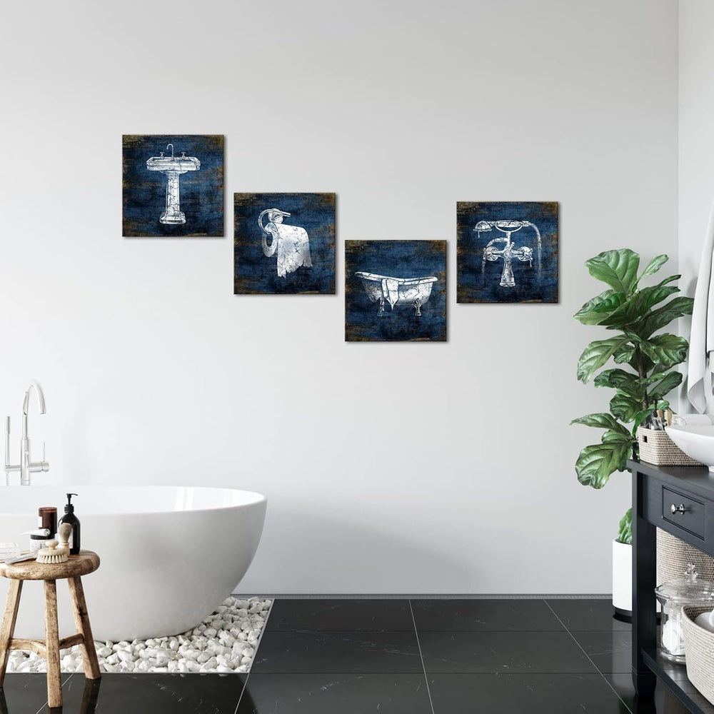 KLVOS Blue Bathroom Decor Wall Art Framed Canvas Print Pictures 4 Pieces Abst...