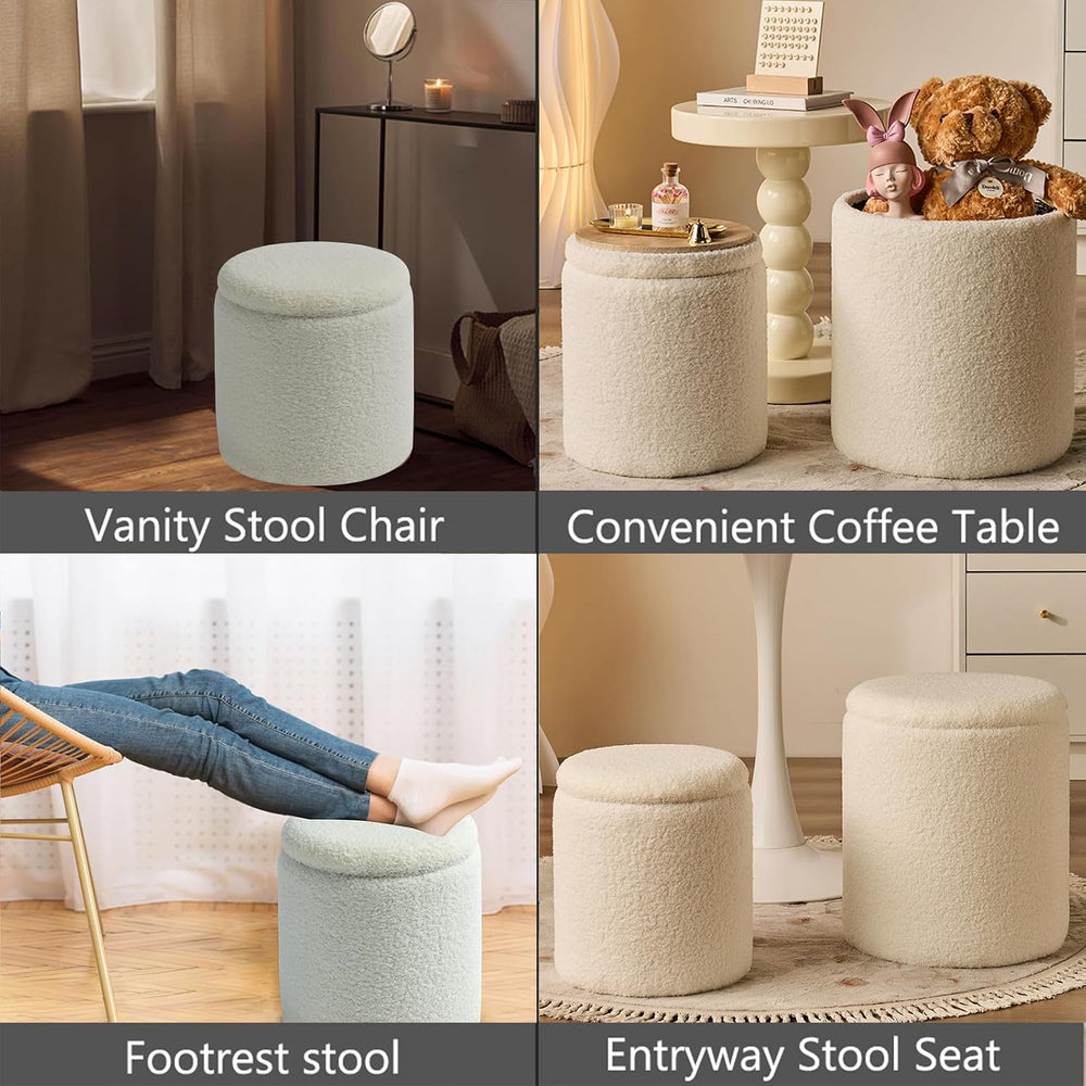 BLEXA Set of 2 Round Storage Ottoman, White Sherpa Ottoman with Storage