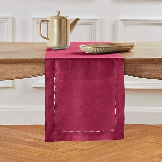 Solino Home Linen Beet Table Runner 72 Inches Long - 100% Pure Linen Hemstitc...