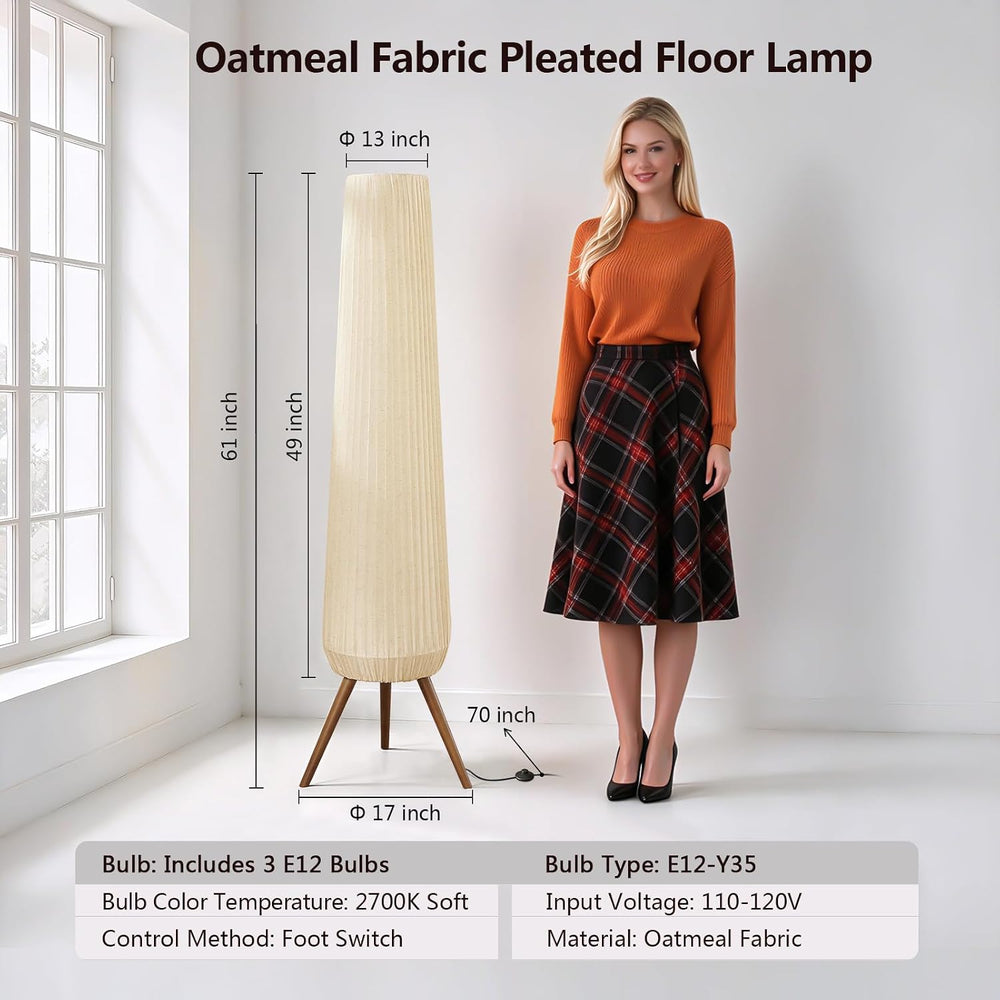 61'' Oatmeal Fabric Pleated Floor Lamp, Walnut Wood Tripod Base