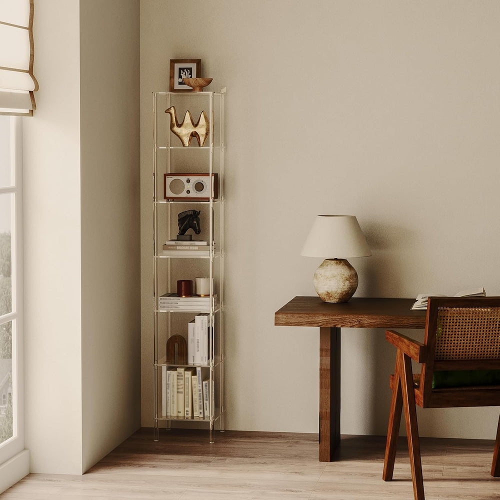 7-Tier Square Acrylic Bookshelf, Clear Tall Narrow Bookcase for Small Space, ...
