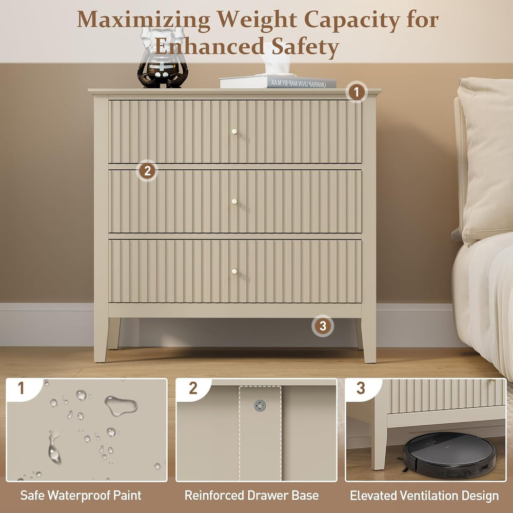 RoyalCraft Fluted 3 Drawer Dresser, 32" Wide Nightstand for Bedroom, Beige