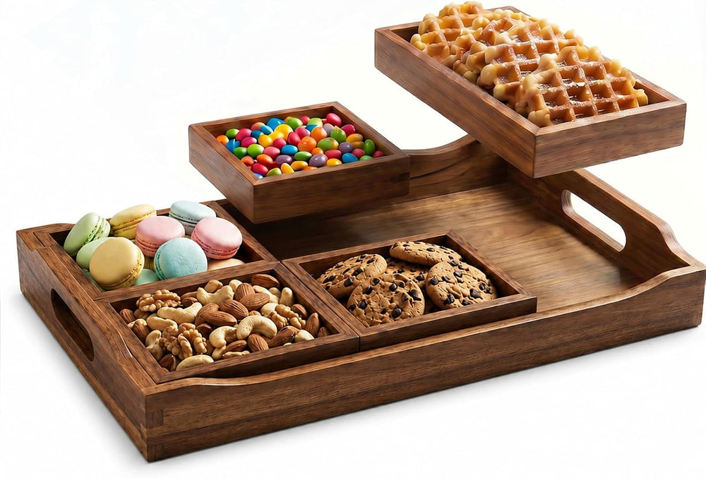 Acacia Wood Serving Tray with Handles for Ottoman Coffee Table