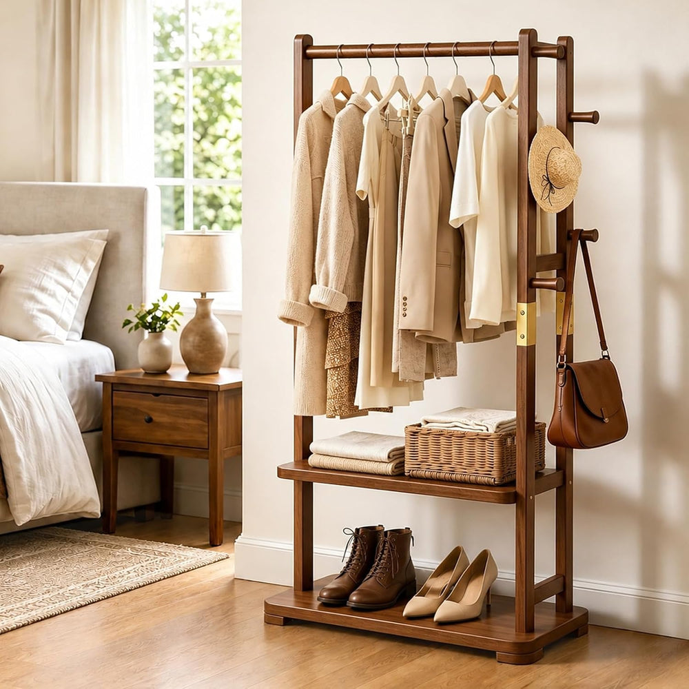 Taitiy Coat Rack Solid Wood Clothes Rack Storage, 2 Shelves 5 Hooks