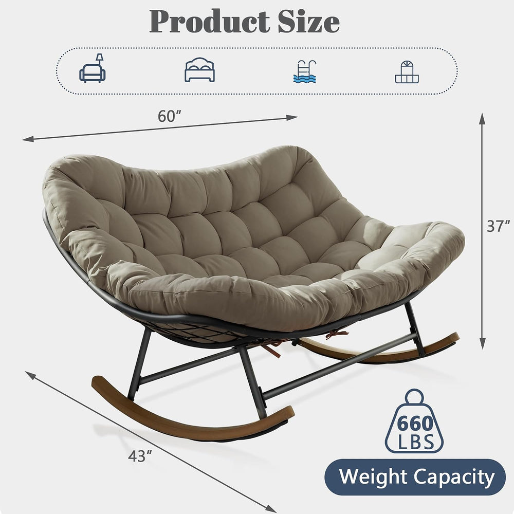 Double Papasan Patio Rocking Chair for Two, Oversized Outdoor Loveseat with T...