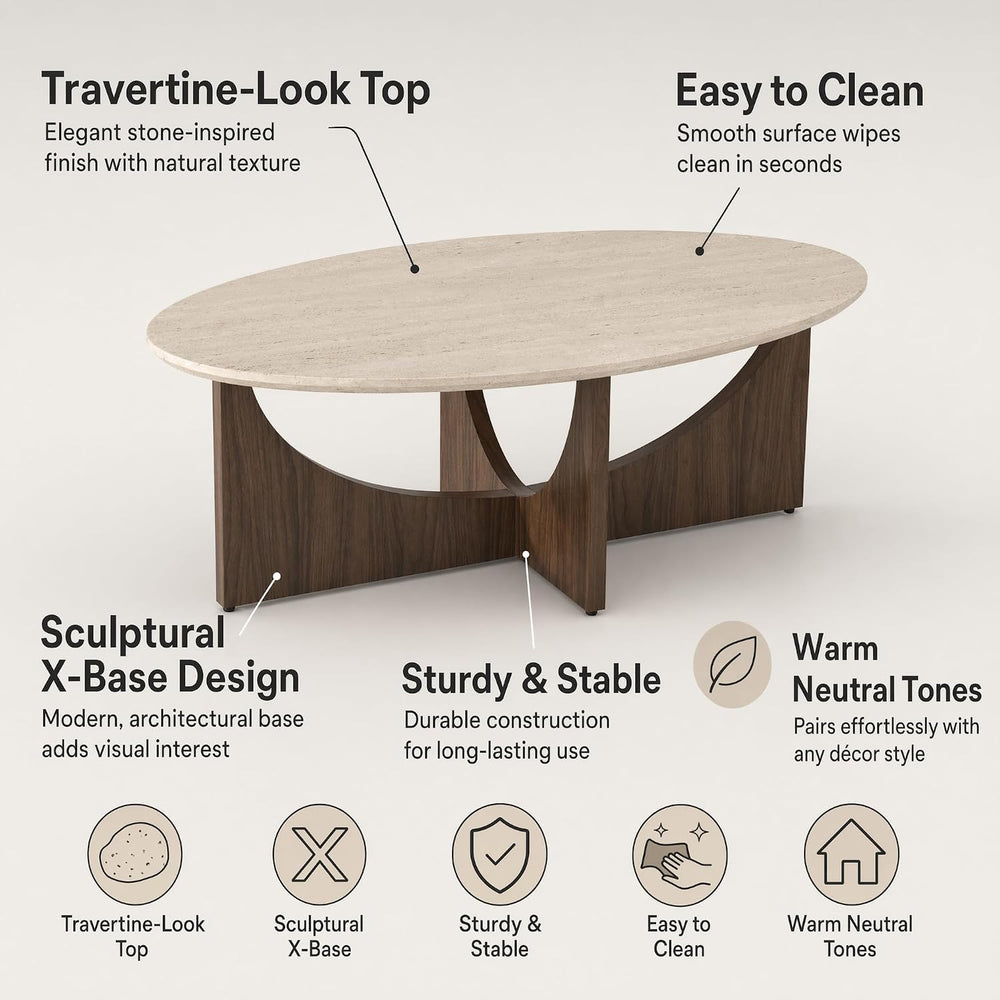 Honyee Oval Coffee Table 47 Inch, Travertine-Look Living Room Center Table