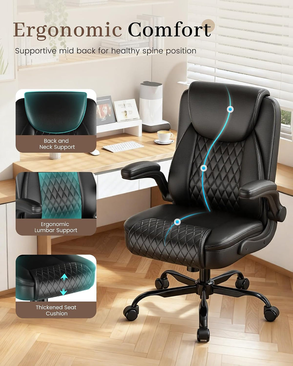 COMHOMA Mid-Back Office Chair, Ergonomic PU Desk Chair with Flip up Arms, Sma...