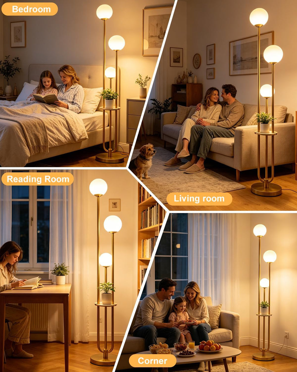 63IN Dimmable Gold Floor Lamp with Shelf Mid Century Standing Lamps with 3000...