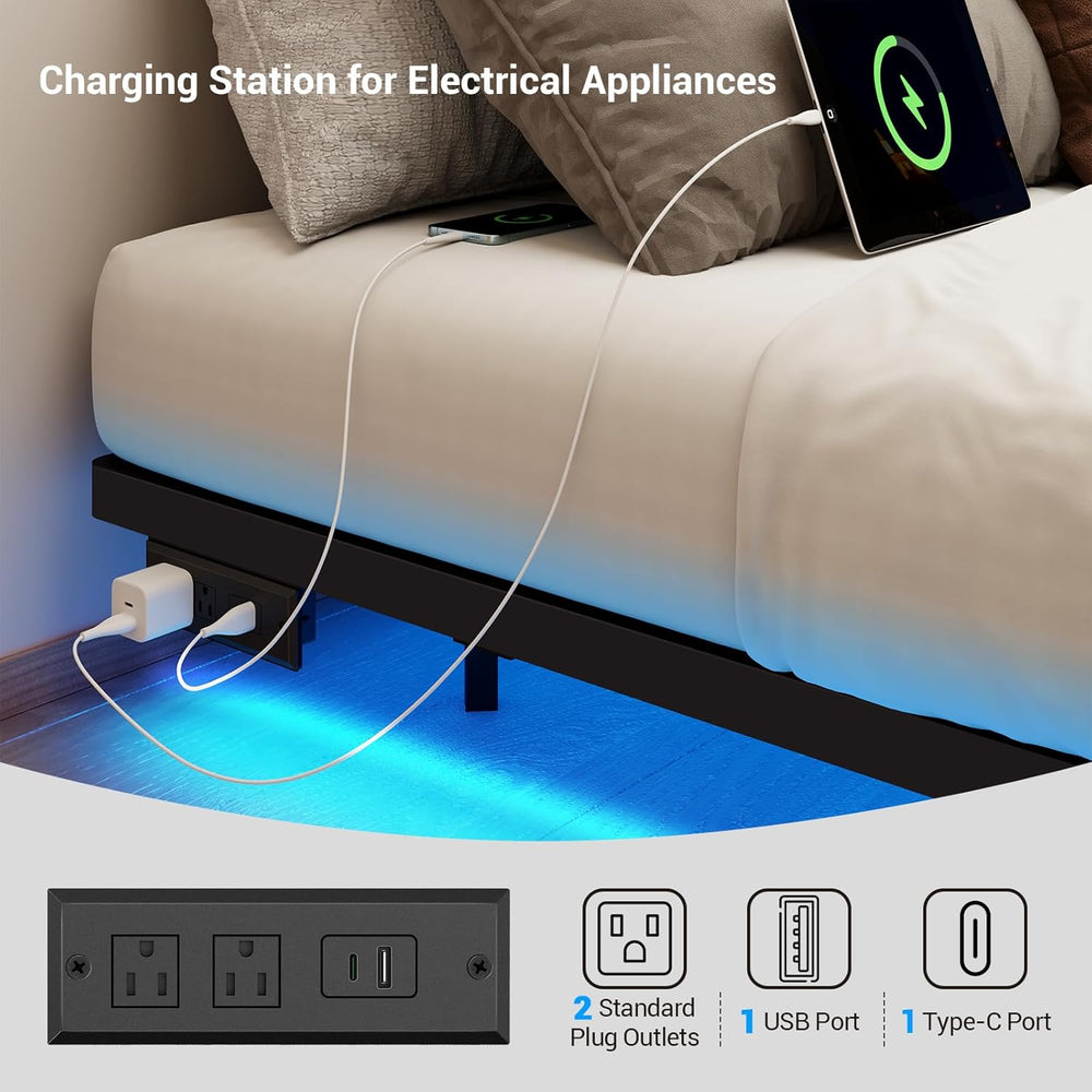 King Size Floating Metal Bed Frame with Smart LED Lights & Charging Stati...