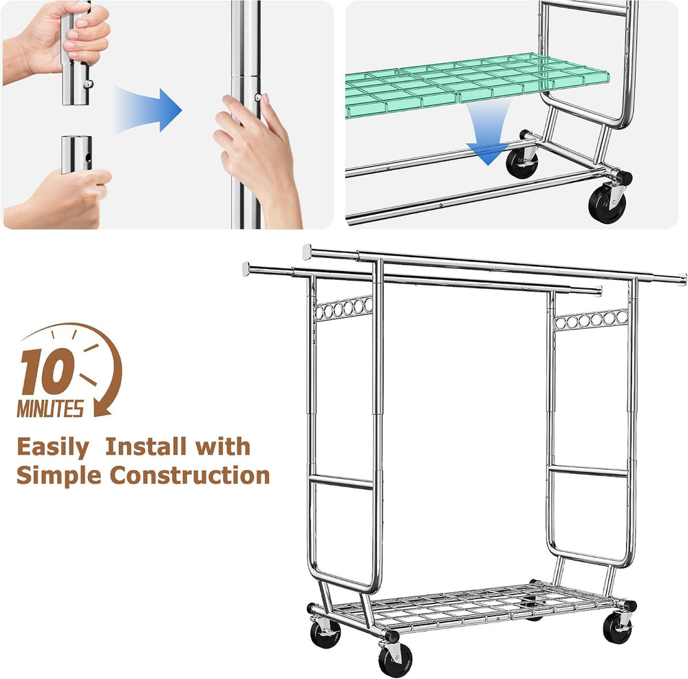 Raybee Heavy Duty Clothes Rack 650LBS Double Rods with Shelf Collapsible