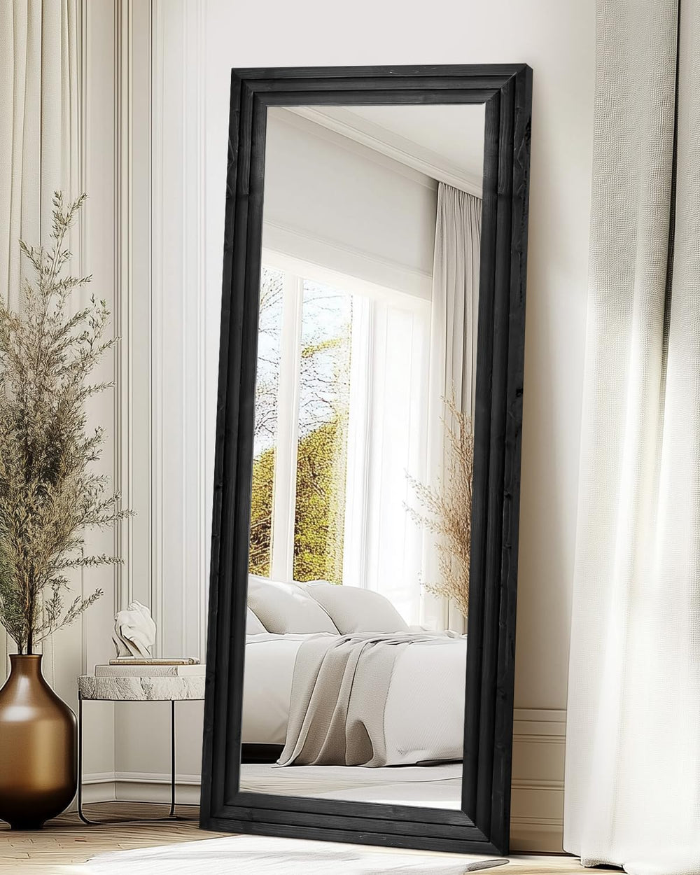65x24in Full Length Mirror, 3-Tier Stepped Solid Wood Frame, Black