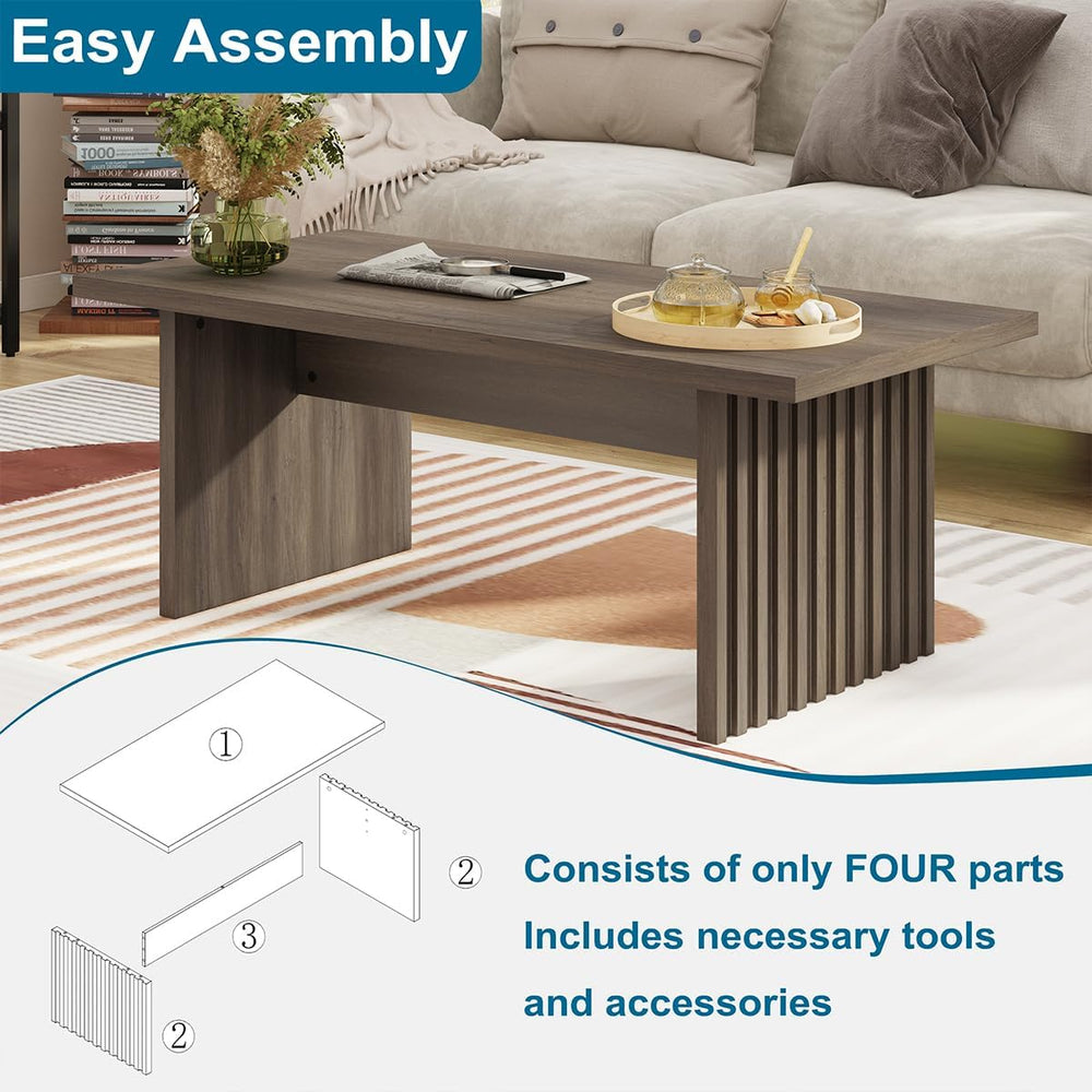 BON AUGURE 43 Inch Coffee Table, Fluted Wood Rectangle Living Room Tables