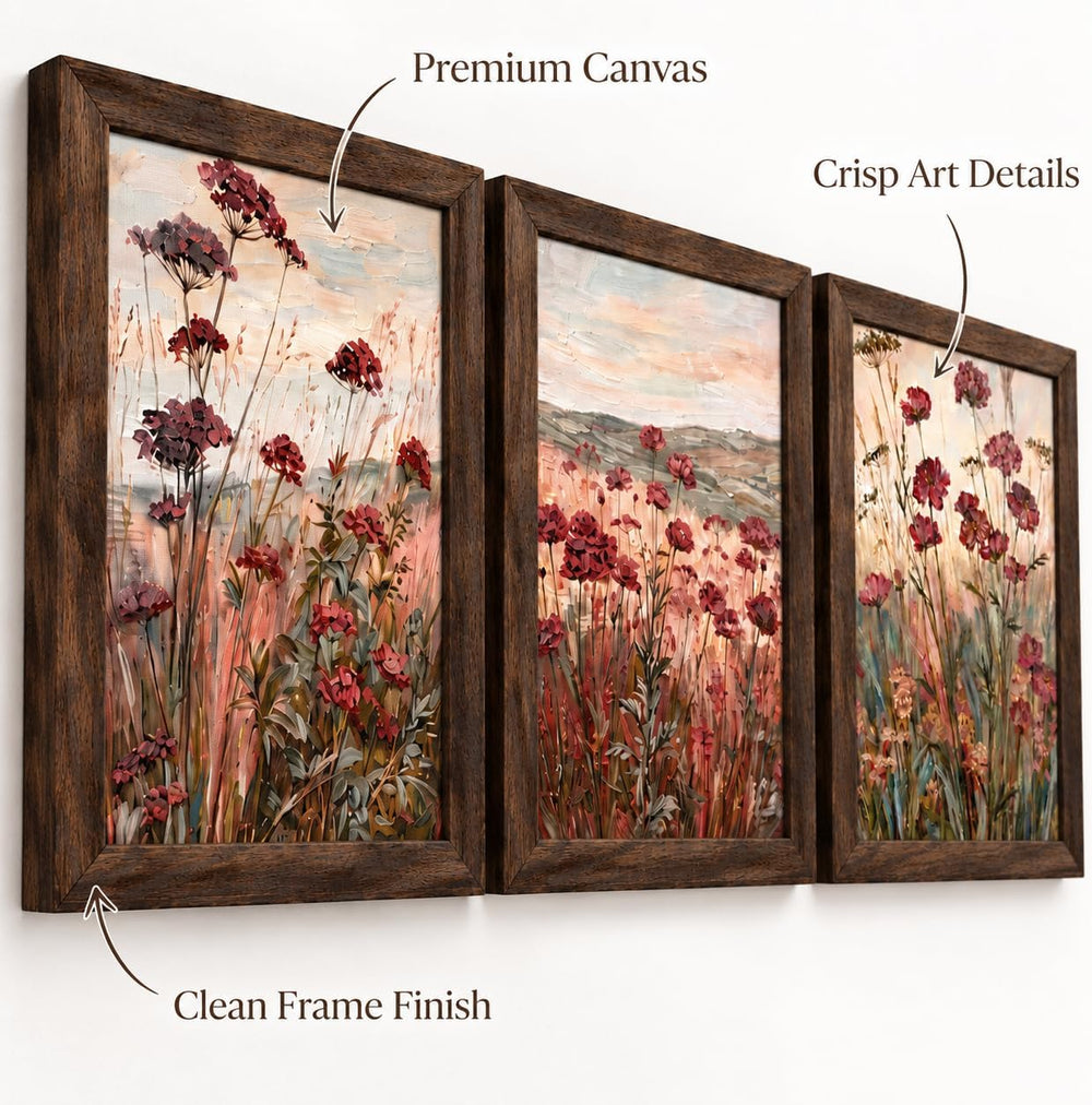 Floral Textured Canvas Wall Art Set 3Pcs Framed Rustic Botanical 16X12 Inch