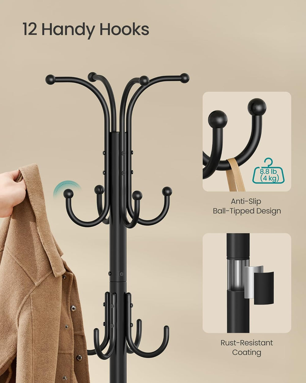 SONGMICS Metal Coat Rack Freestanding, with Umbrella Holderl, 12 Hooks