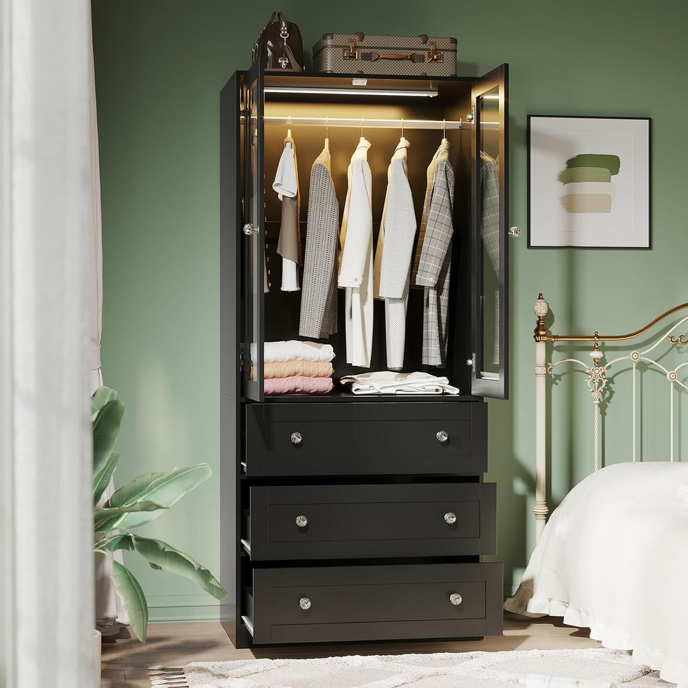 VOWNER 71" H Armoire Wardrobe Closet with Motion Sensor LED Light (Black)