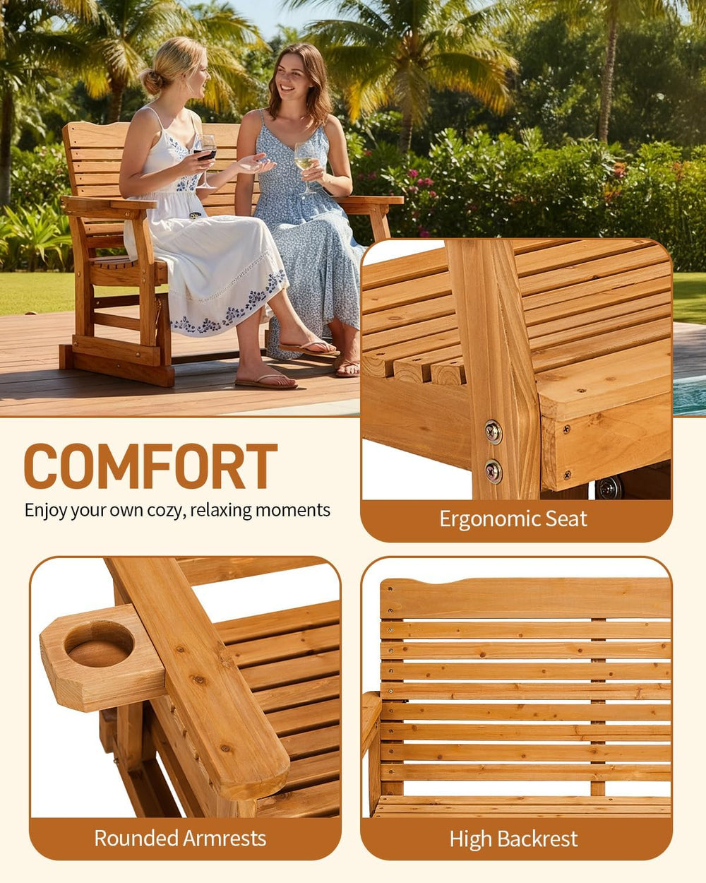 Outvita Patio Glider with Cup Holders, Wooden Outdoor Glider Bench with High ...