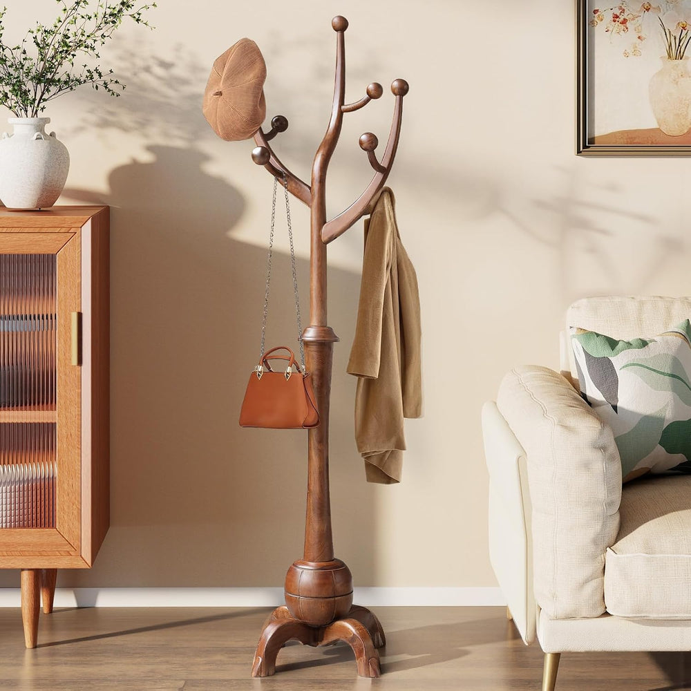 Wooden Coat Rack Freestanding Coat Tree with 8 Hooks, Walnut