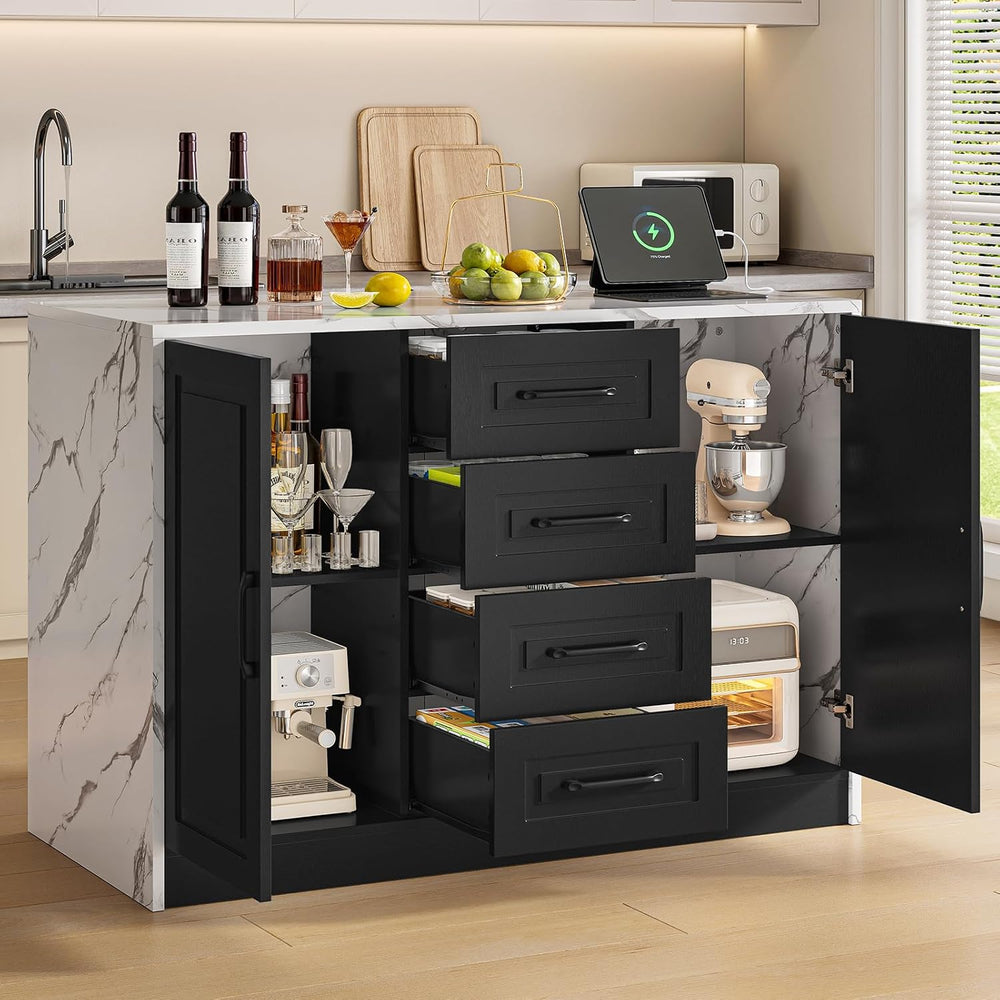 ONBRILL Kitchen Island with 2 Storage Cabinets & 4 Drawers, Black+White