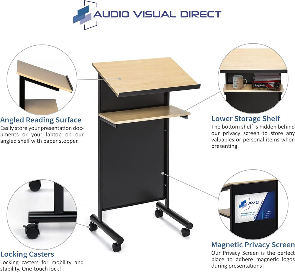 Audio-Visual Direct Wheeled Lectern - Standing Desk with Storage Shelf - Beec...