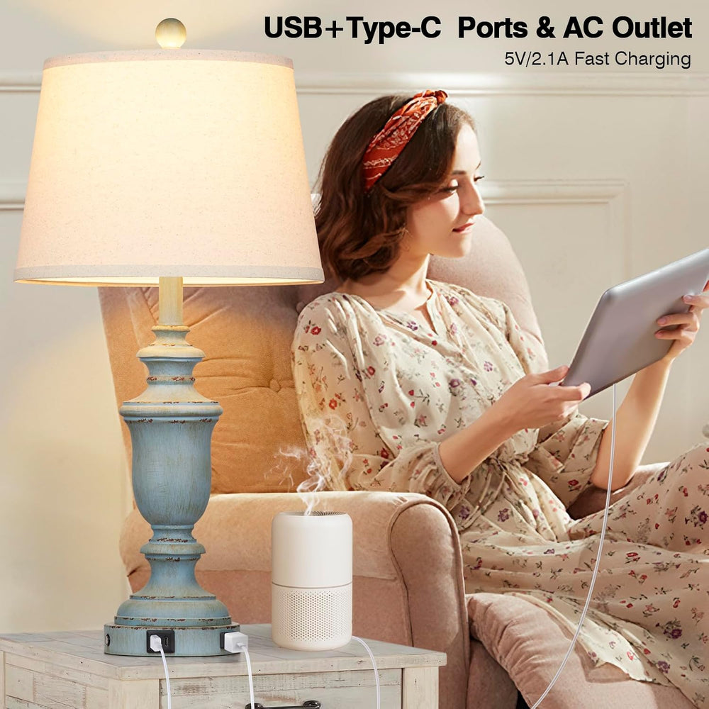Cinkeda 25.6" Blue Table Lamps Set of 2 with USB C+A Ports & AC Outl...