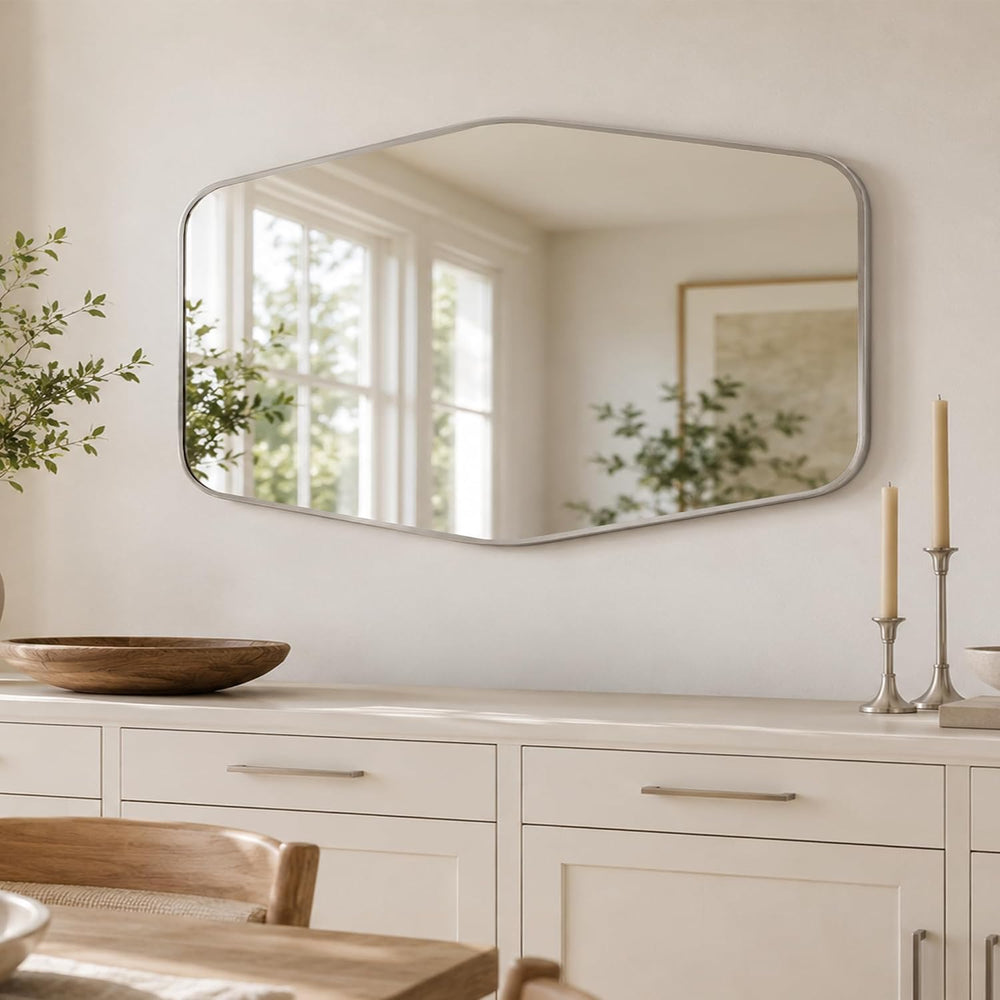 24x36 Inch Brushed Nickel Bathroom Vanity Mirror, Rounded Hexagon