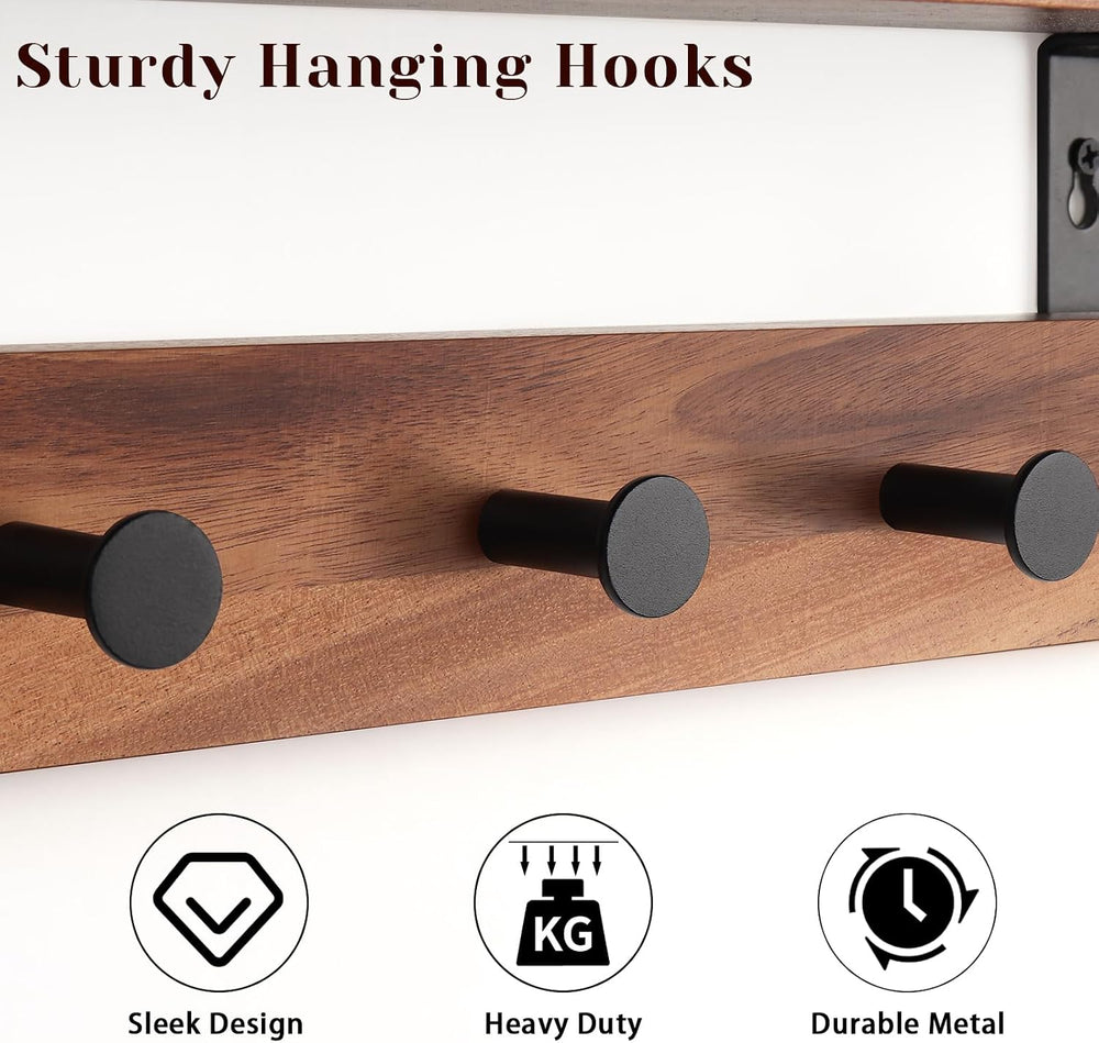 Coat Rack Wall Mount with Shelf, 17" Walnut Wood Wall Shelf with Hooks, ...