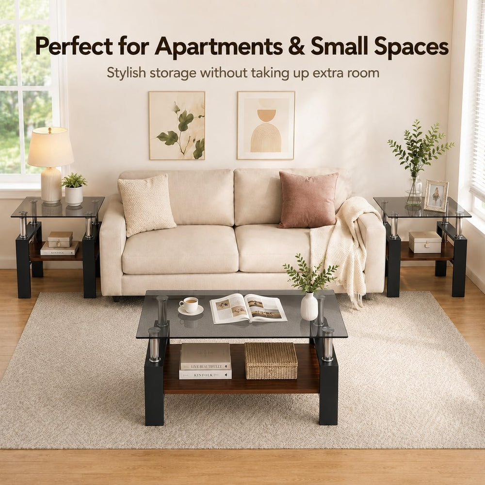 3-Piece Coffee Table Set, Glass Coffee Table & 2 End Tables, Black